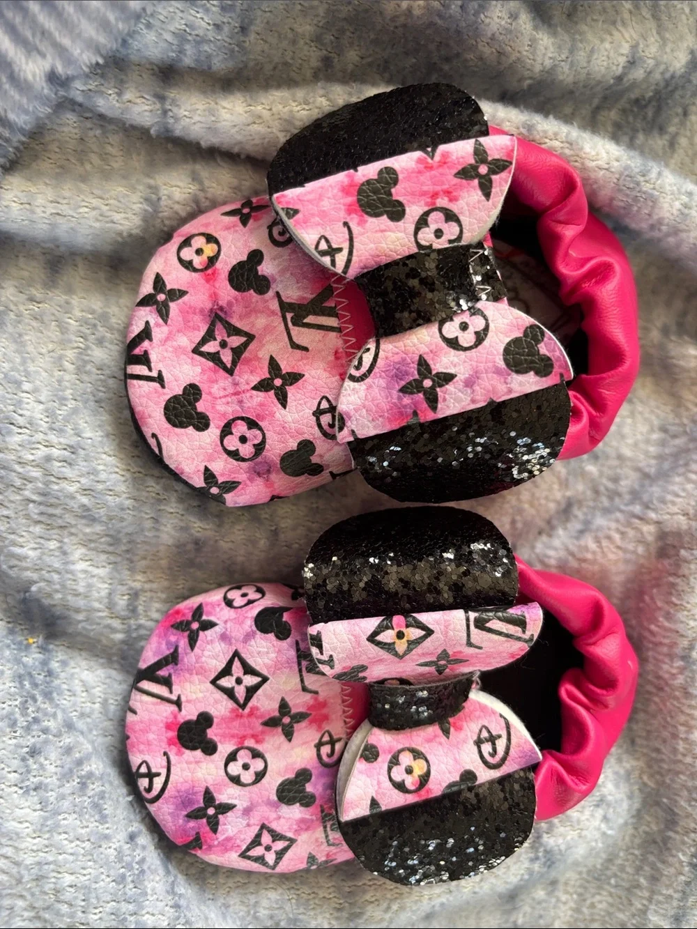 Pink Minnie-Inspired Baby Moccasins with Black Glitter Ears